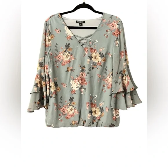 Roz & Ali Double Ruffle Sleeve Bubble Hem Floral Blouse - Picture 5 of 8